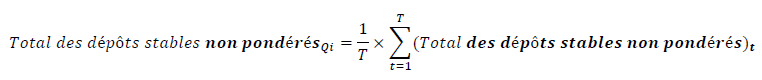 [(Total des dépôts stables non pondérés)]_Qi = 1/T x ∑_(t=1)^T[(Total[(des dépôts stables non pondérés)]_t)]