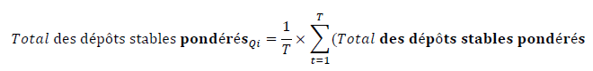 [(Total des dépôts stables pondérés )]_Qi = 1/T x ∑_(t=1)^T[(Total[(des dépôts stables pondérés)]_t)]