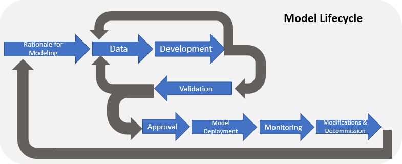 Flow chart of the different stages of the model lifecycle. Text description below.