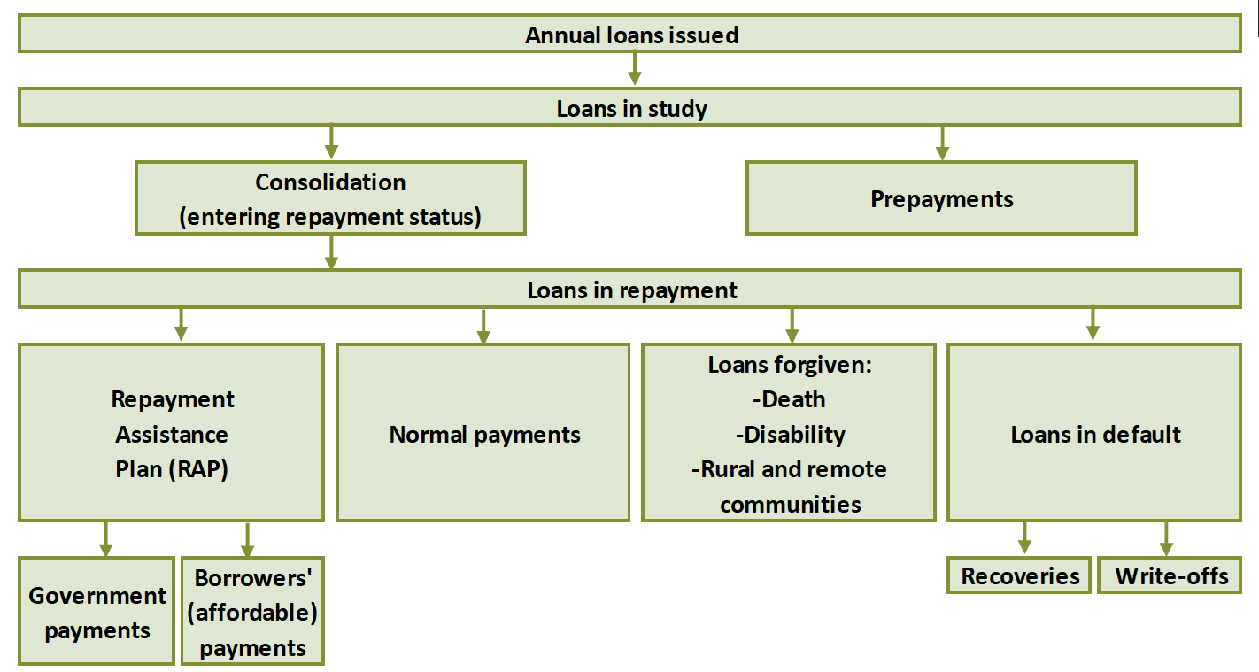 Chart 3. Flow chart showing the evolution of CSFA loans from the moment they are issued. Text version below.