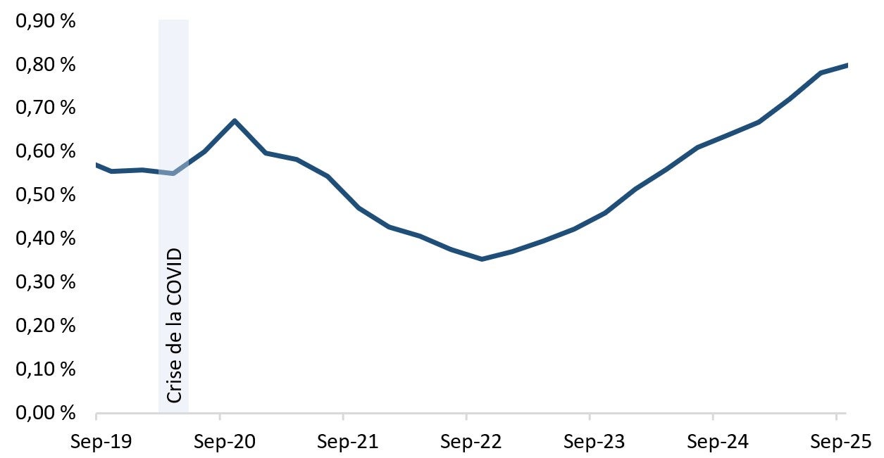 Le pourcentage moyen de prêts douteux bruts des BISi a augmenté au cours des dernières années. Version textuelle ci-dessous.